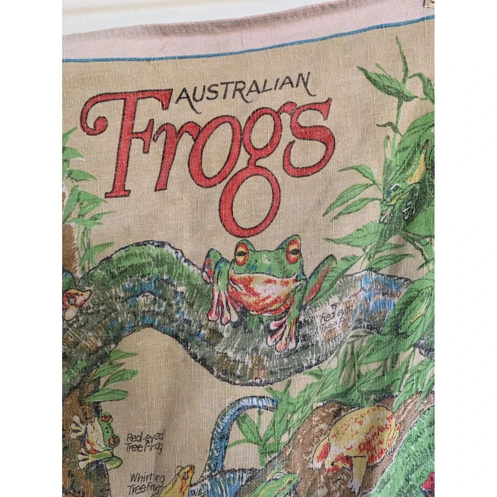 Vintage Australian Frogs Bribie Island Linen Tea Towel Rosy Kitchen Souvenir